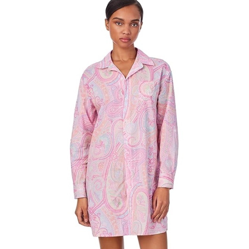 Ralph Lauren nightgown pajama shirt paisley button down embroidered pocket dress